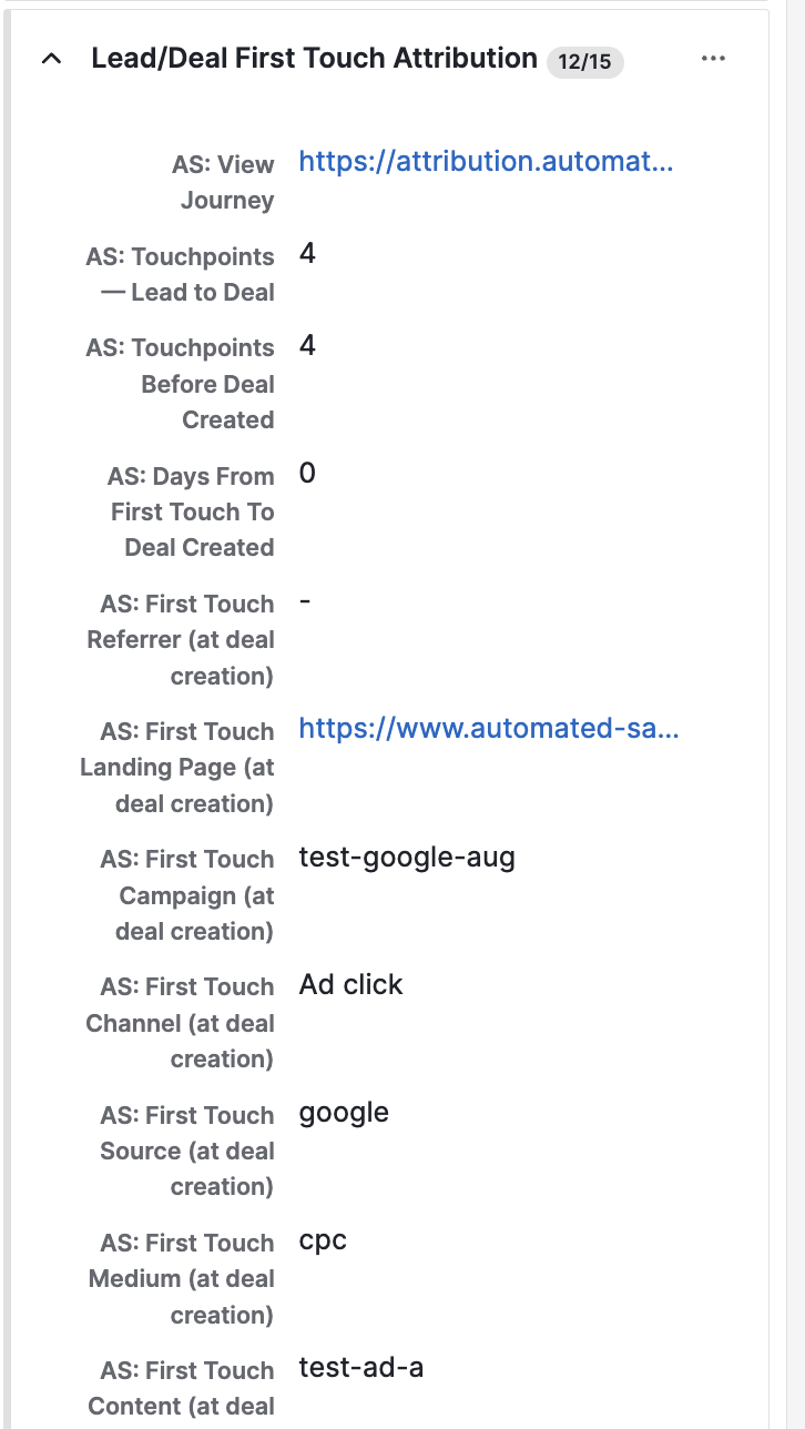 Pipedrive Deal showing Lead/Deal First Touch Attribution custom fields, 12 of 15 populated: View Journey link, touchpoint counts, first touch channel, source, medium, campaign, and landing page